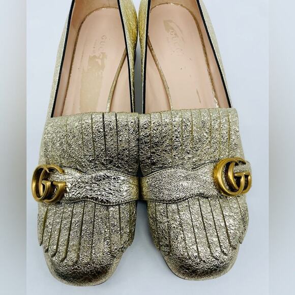 Gucci Gold Metallic leather GG fringe Marmont 30mm Heeled Loafer pumps EU 41 - Picture 12 of 12
